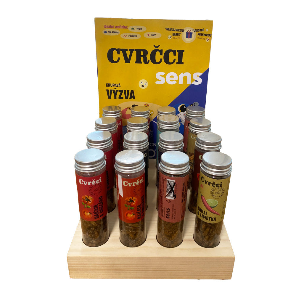 POSM Stojan na 16ks zkumavek cvrčků, dřevěný